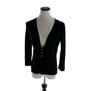 Linda Matthews Cardigan Womens Size Medium Black Long Sleeve Deep V Neck Top